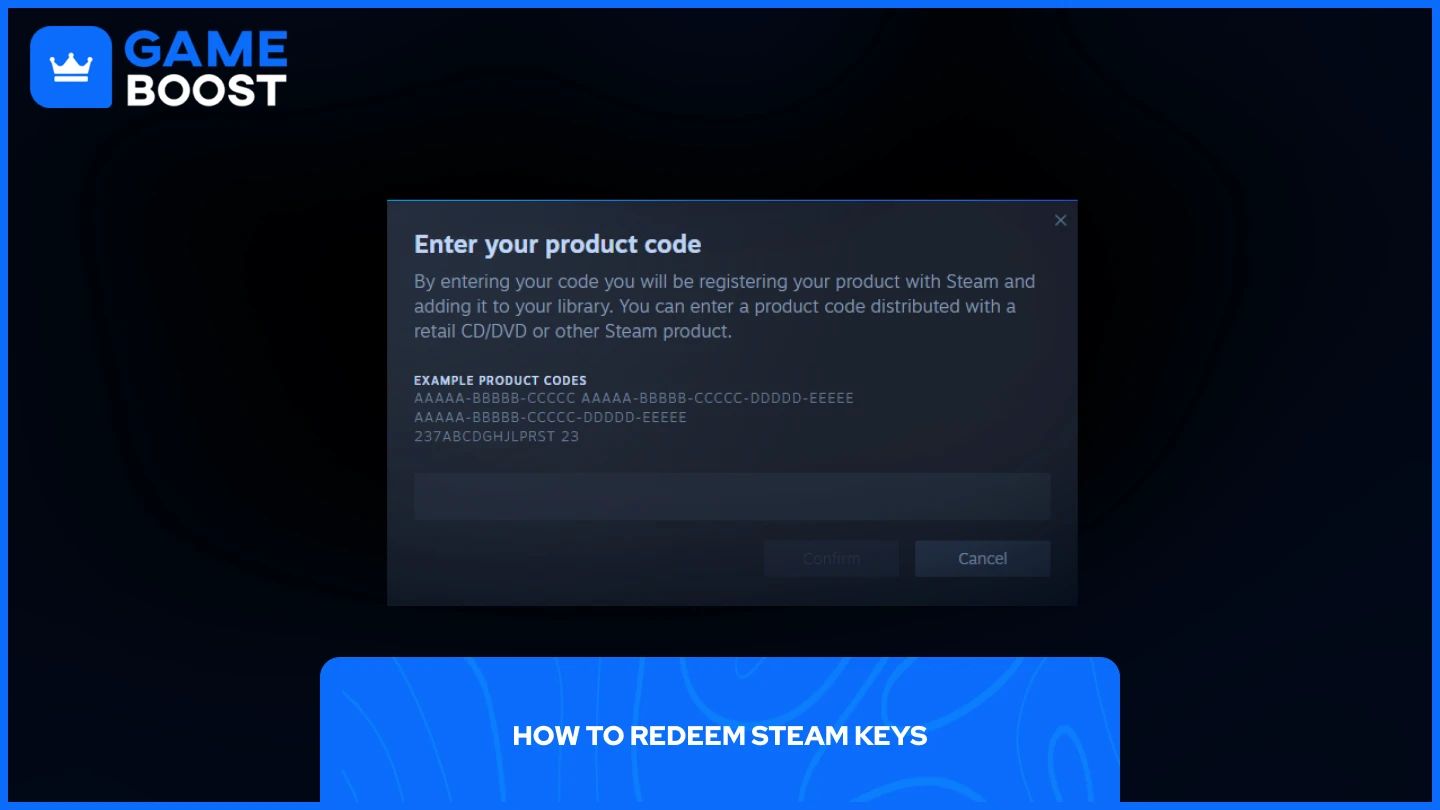 Steam product key redemption interface showing activation screen for game license codes