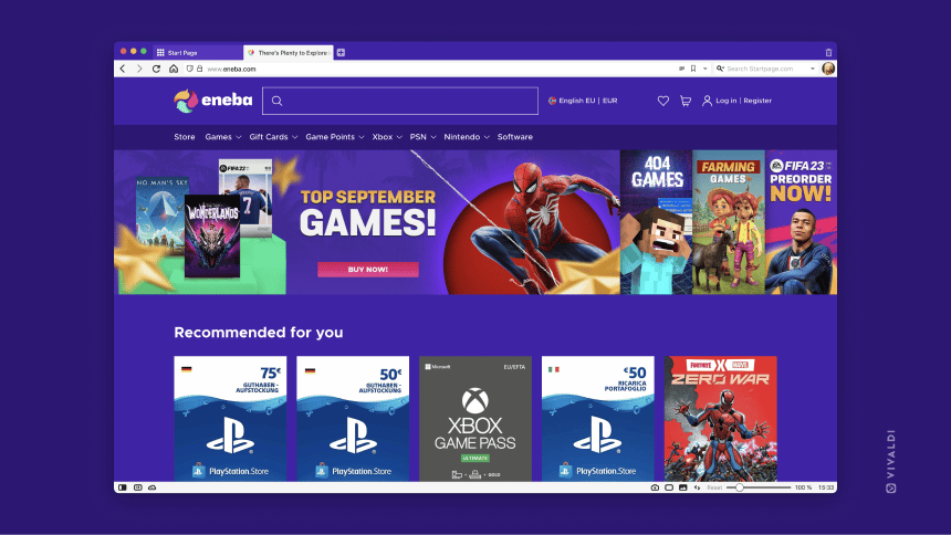 Eneba online game store platform showing curated selection of PC console and mobile game keys