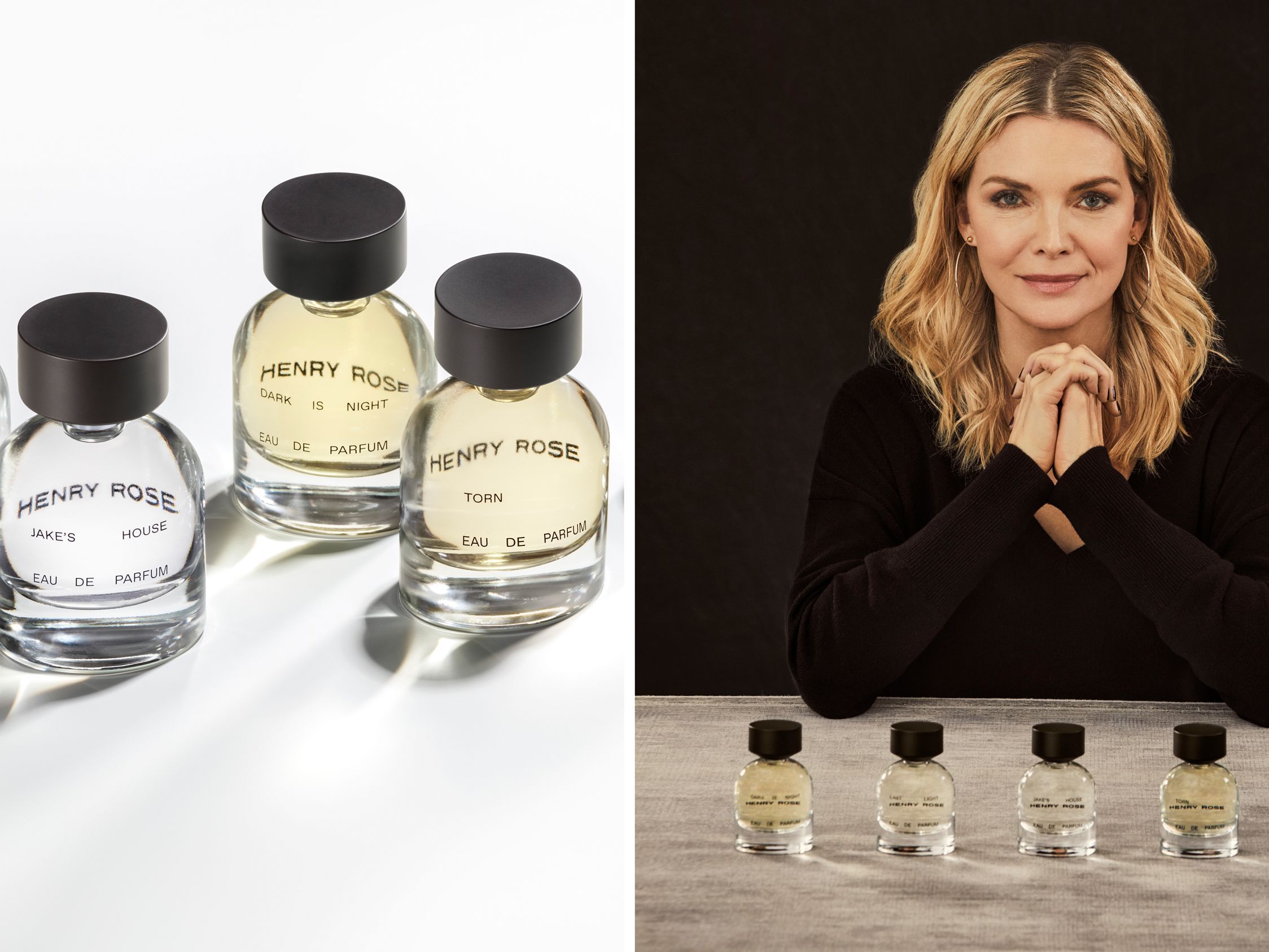 Henry Rose fragrance bottles designed by Michelle Pfeiffer showcasing EWG Verified clean perfume line