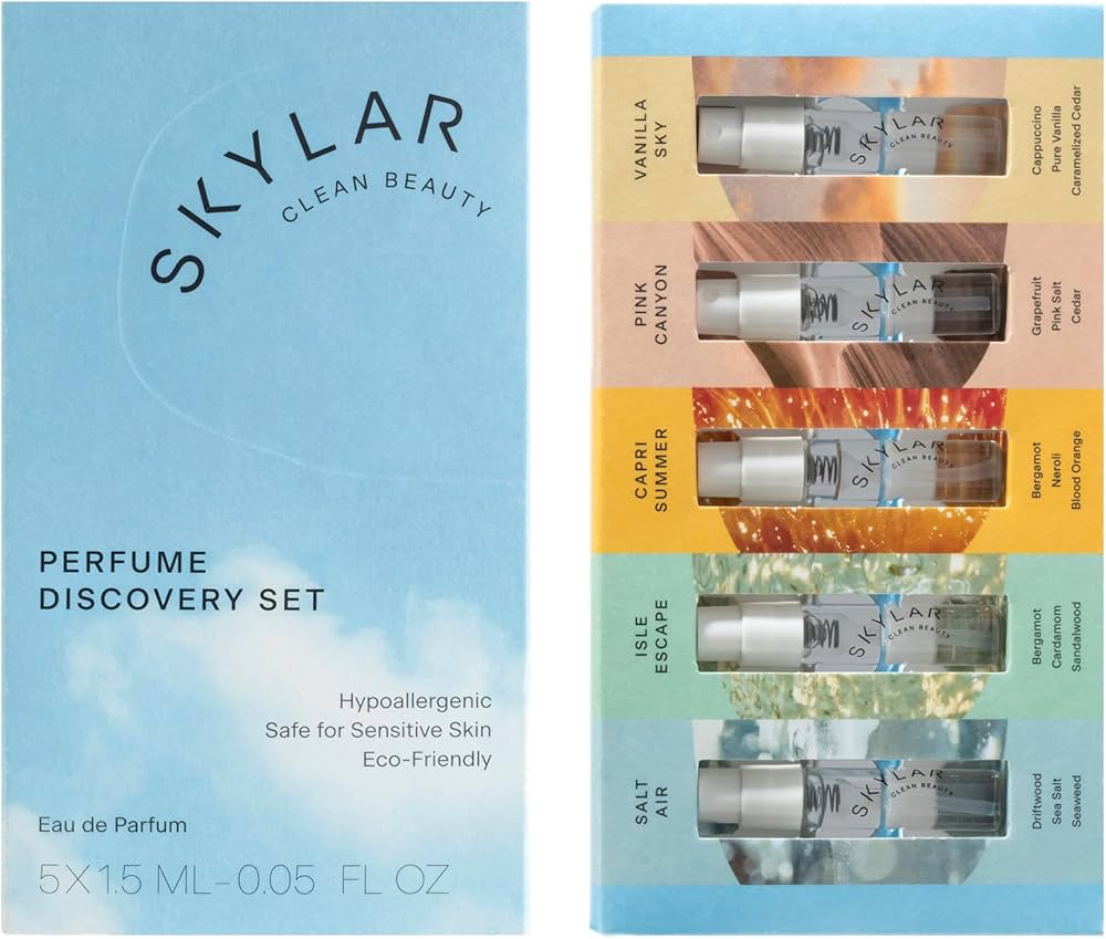 Skylar EWG Verified clean perfume discovery set with hypoallergenic vegan fragrance sample bottles