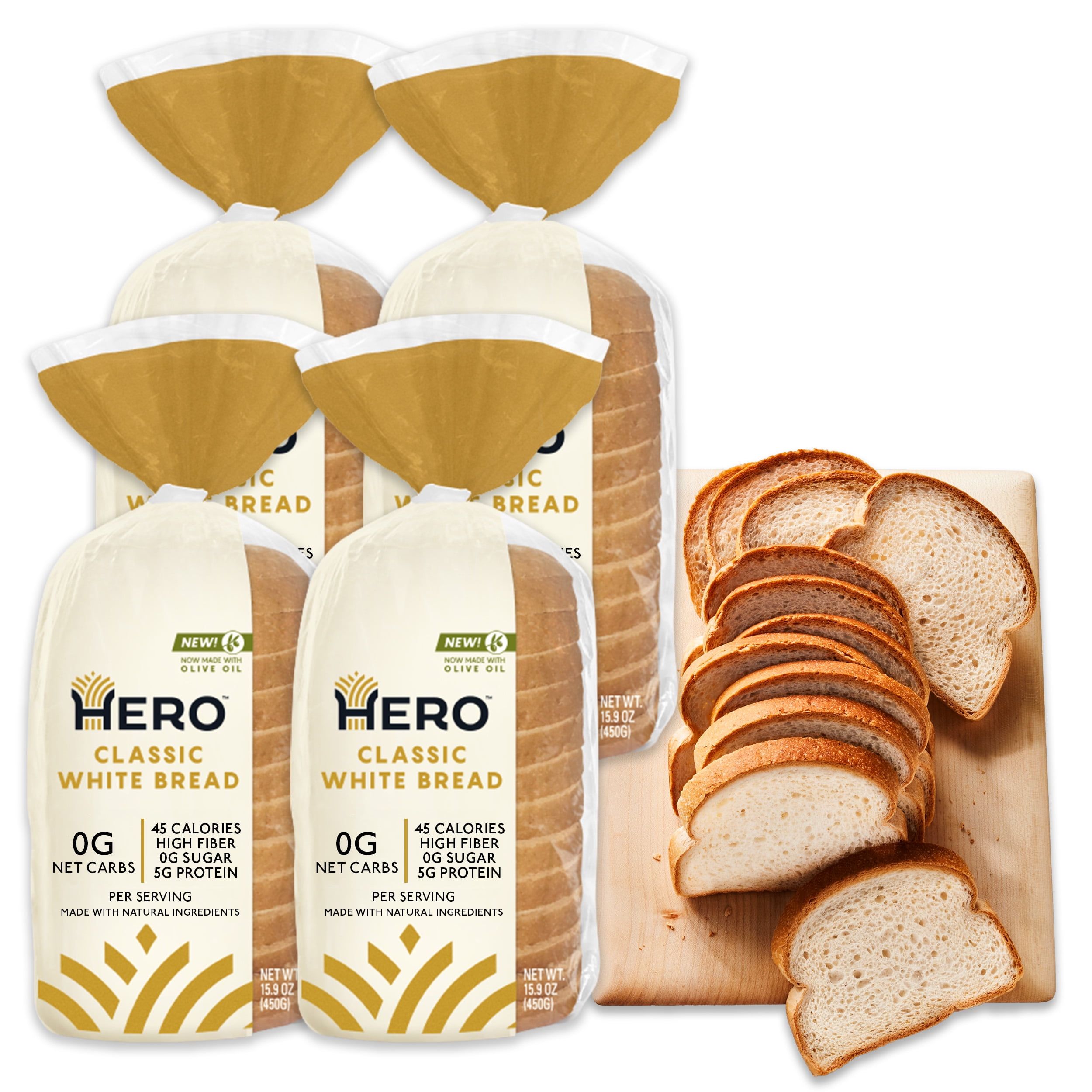Hero Bread classic white sliced bread loaf packaging with zero net carbs label