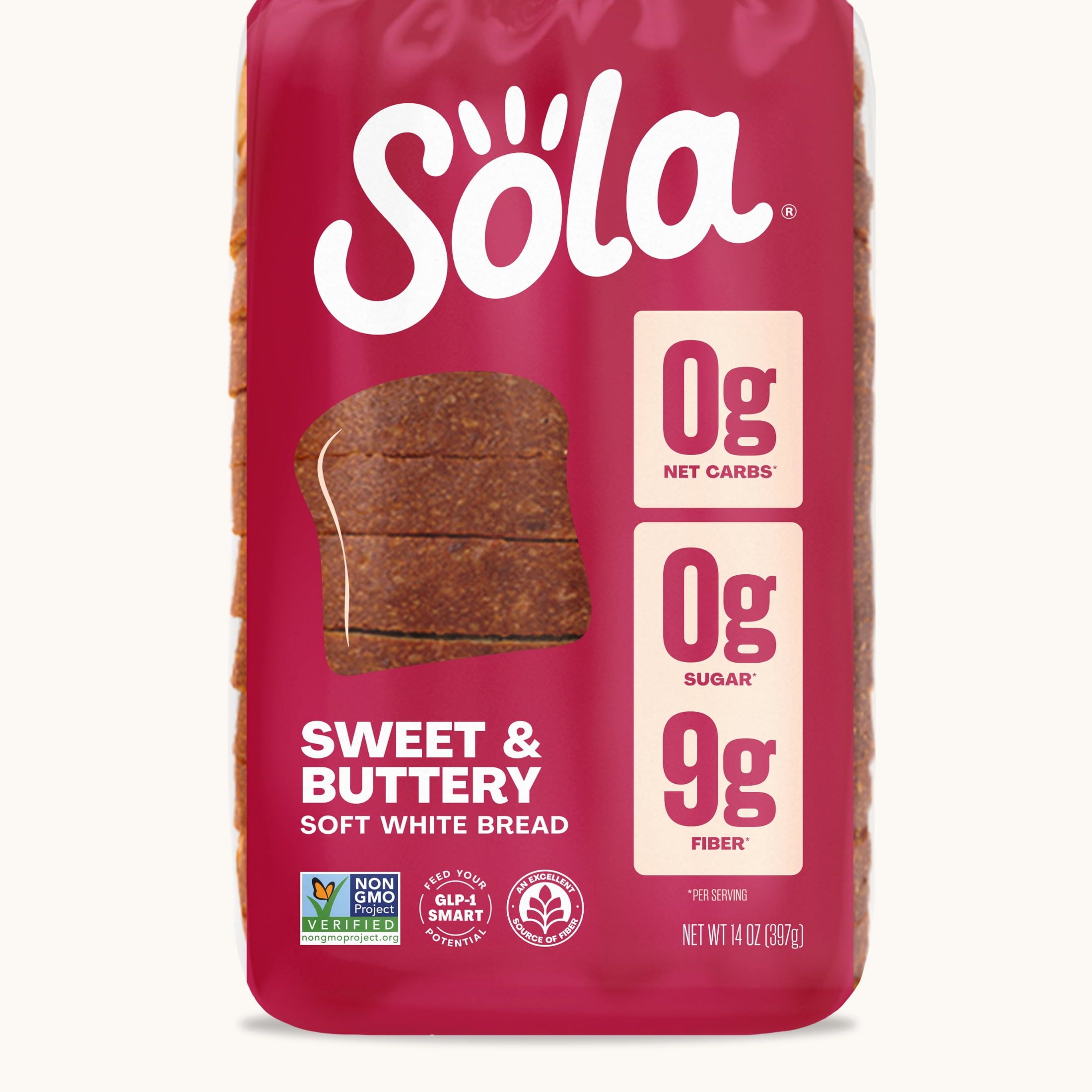 Sola sweet and buttery low carb keto white bread loaf packaging non-GMO