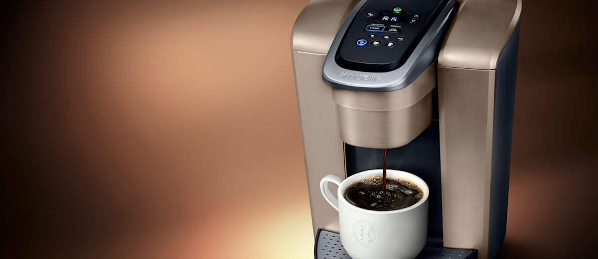 Keurig K-Elite single-serve K-Cup pod coffee maker in brushed silver finish on kitchen counter