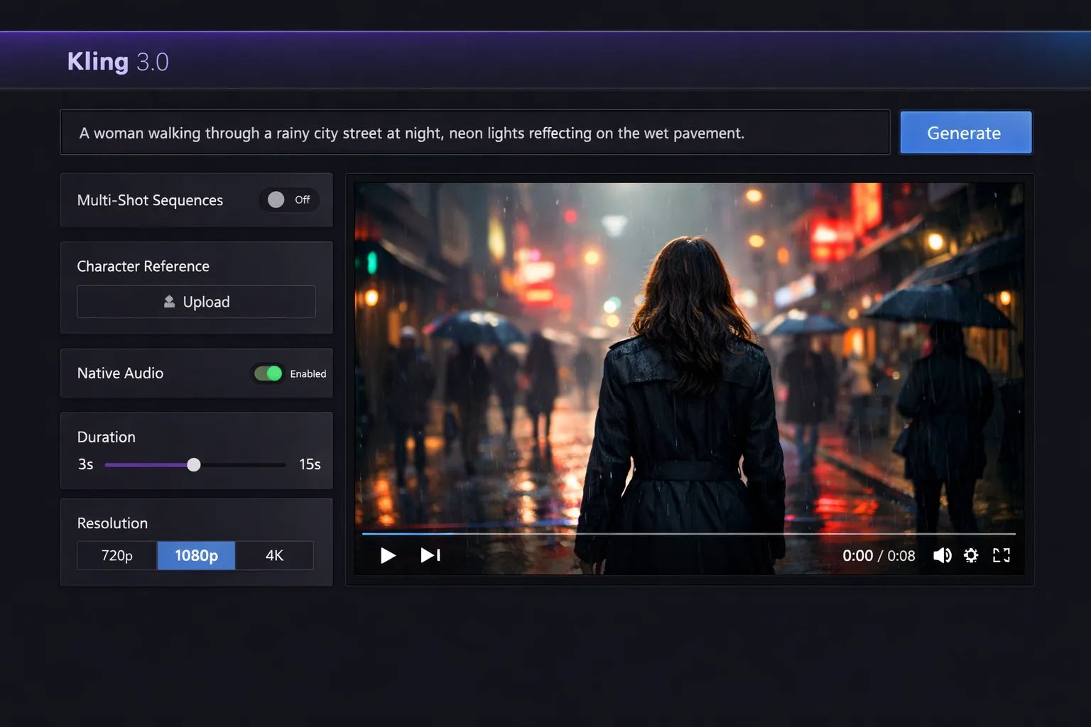 Kling AI 3.0 video generator dashboard showing text to video generation interface from Kuaishou