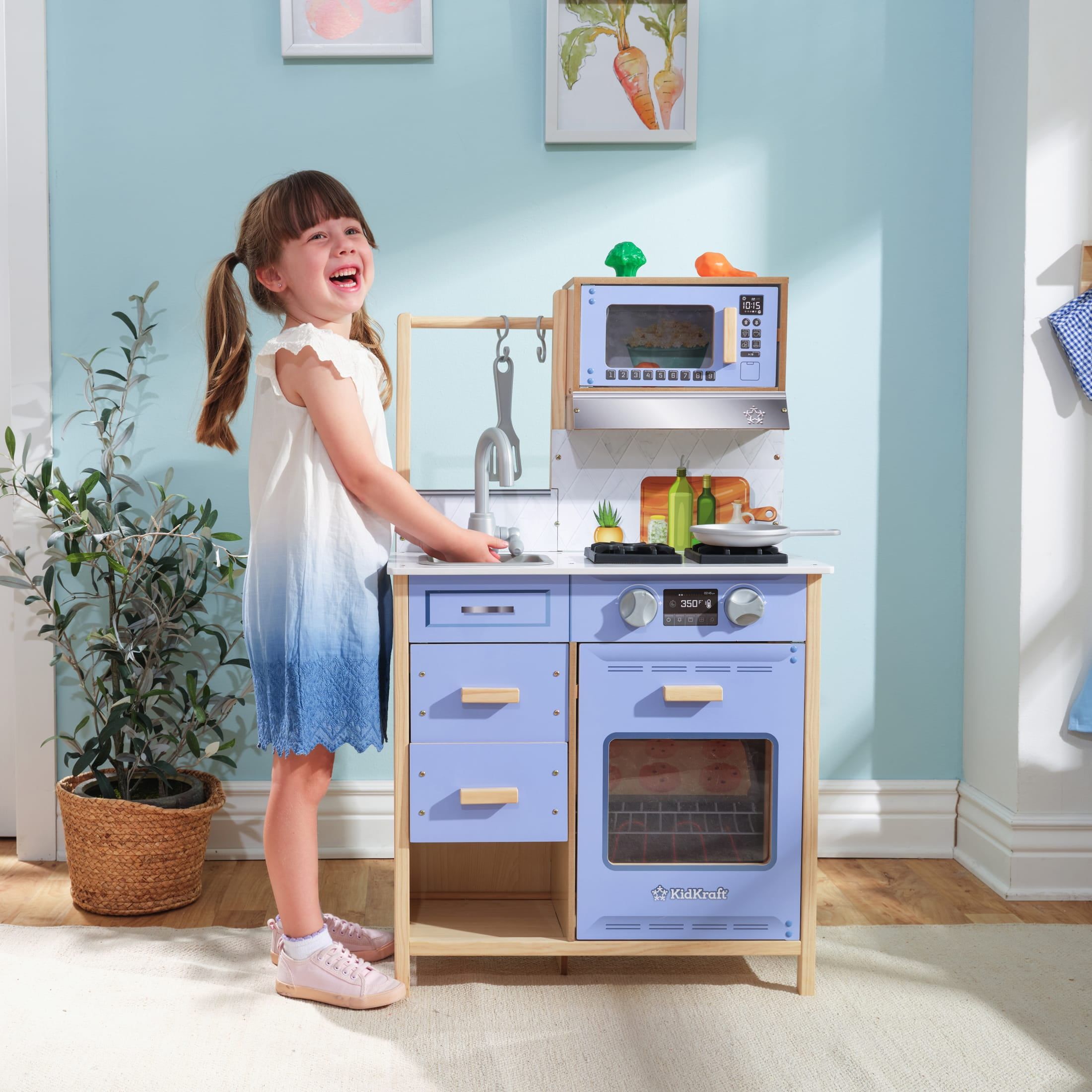 KidKraft wooden play kitchen set with realistic accessories for indoor playroom furniture