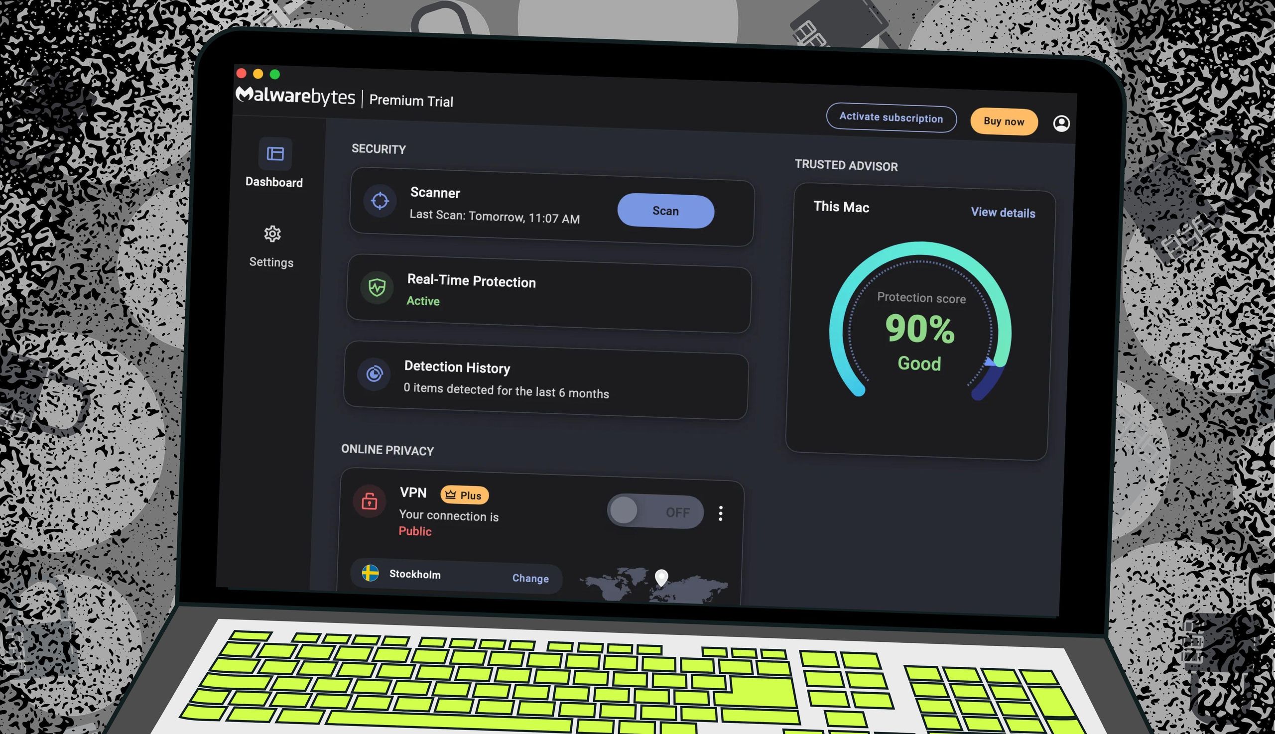 Malwarebytes Premium antivirus software interface dashboard displaying real-time protection status on Windows PC