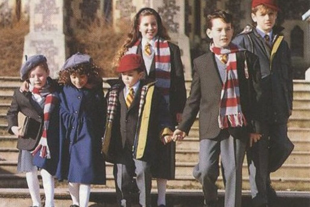 Marks and Spencer school uniform range showing durable kids clothing on hangers in retail display