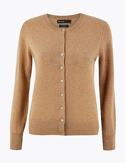Marks and Spencer Autograph cashmere cardigan showing premium knitwear neckline and quality construction