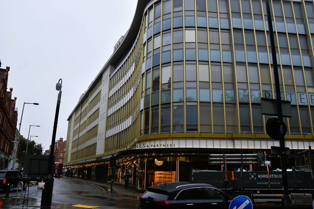John Lewis department store exterior at Sloane Square London showing premium brand storefront and signage