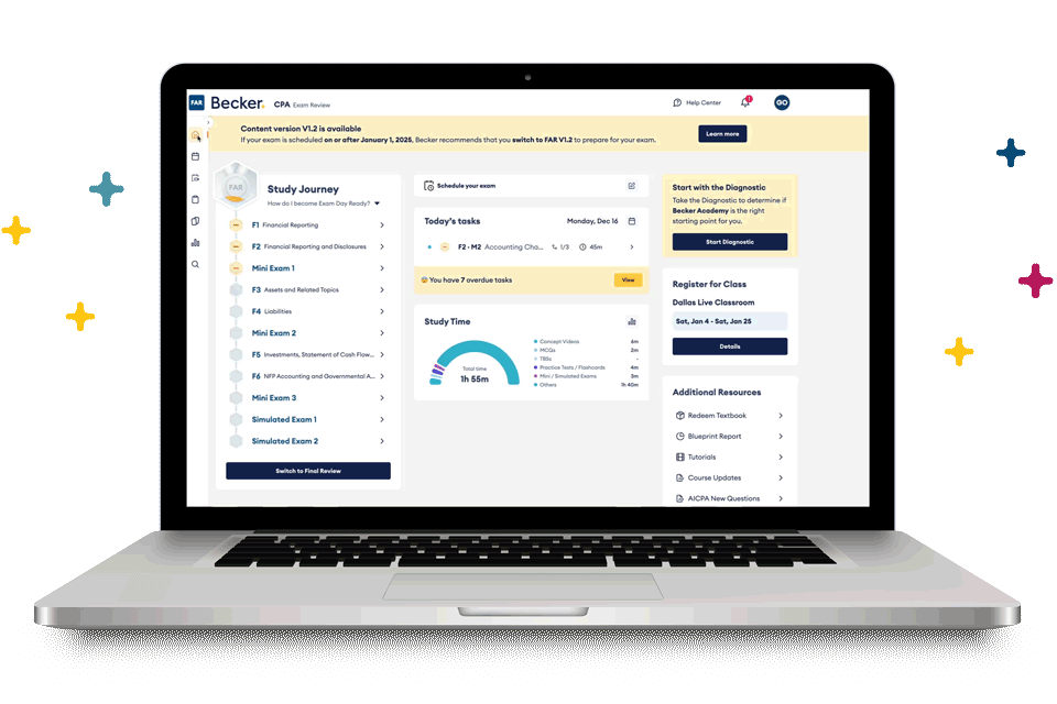 Becker CPA Review exam prep course interface showing lecture content and study materials