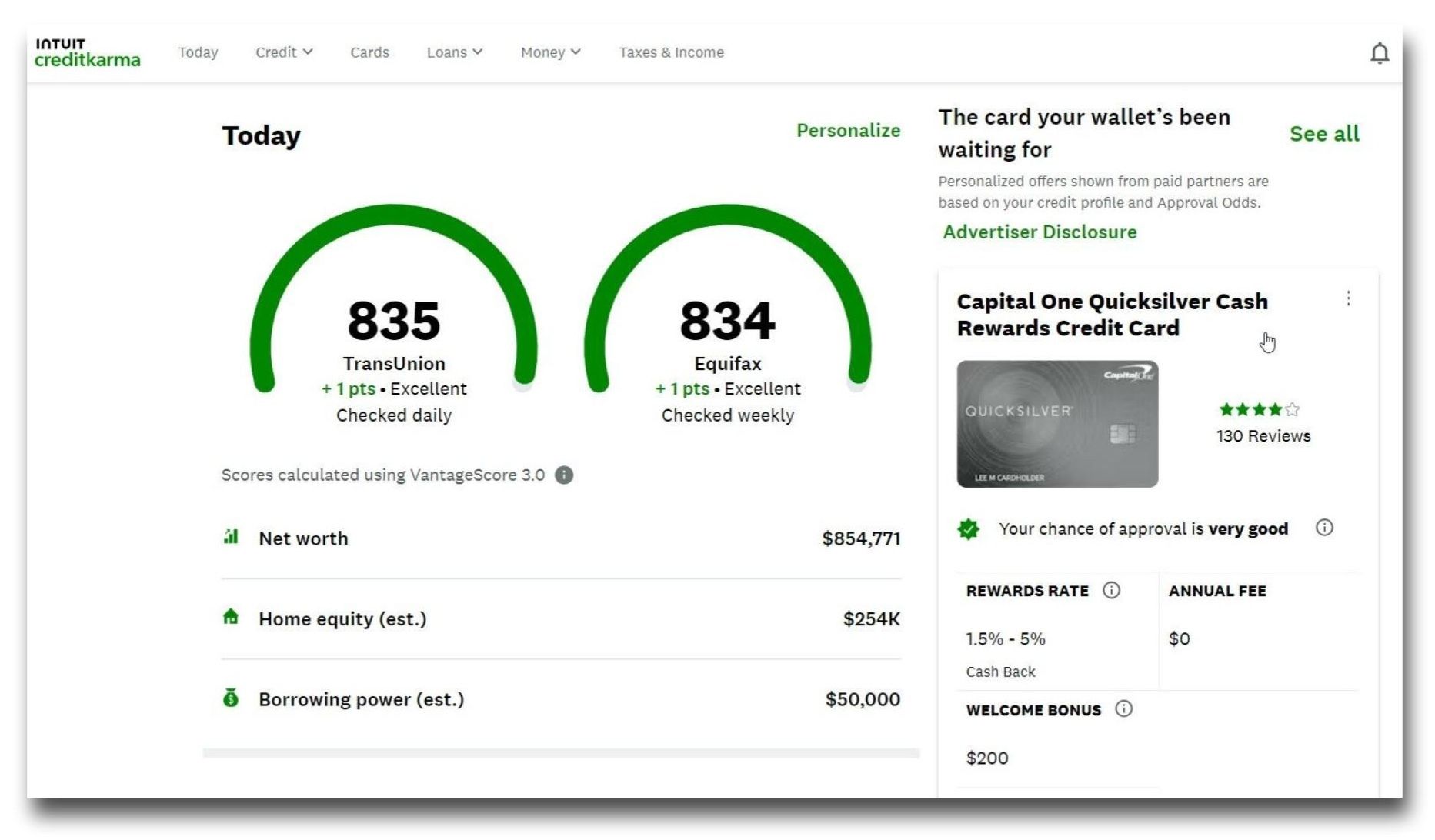 Credit Karma Canada app showing free TransUnion credit score dashboard and product recommendations