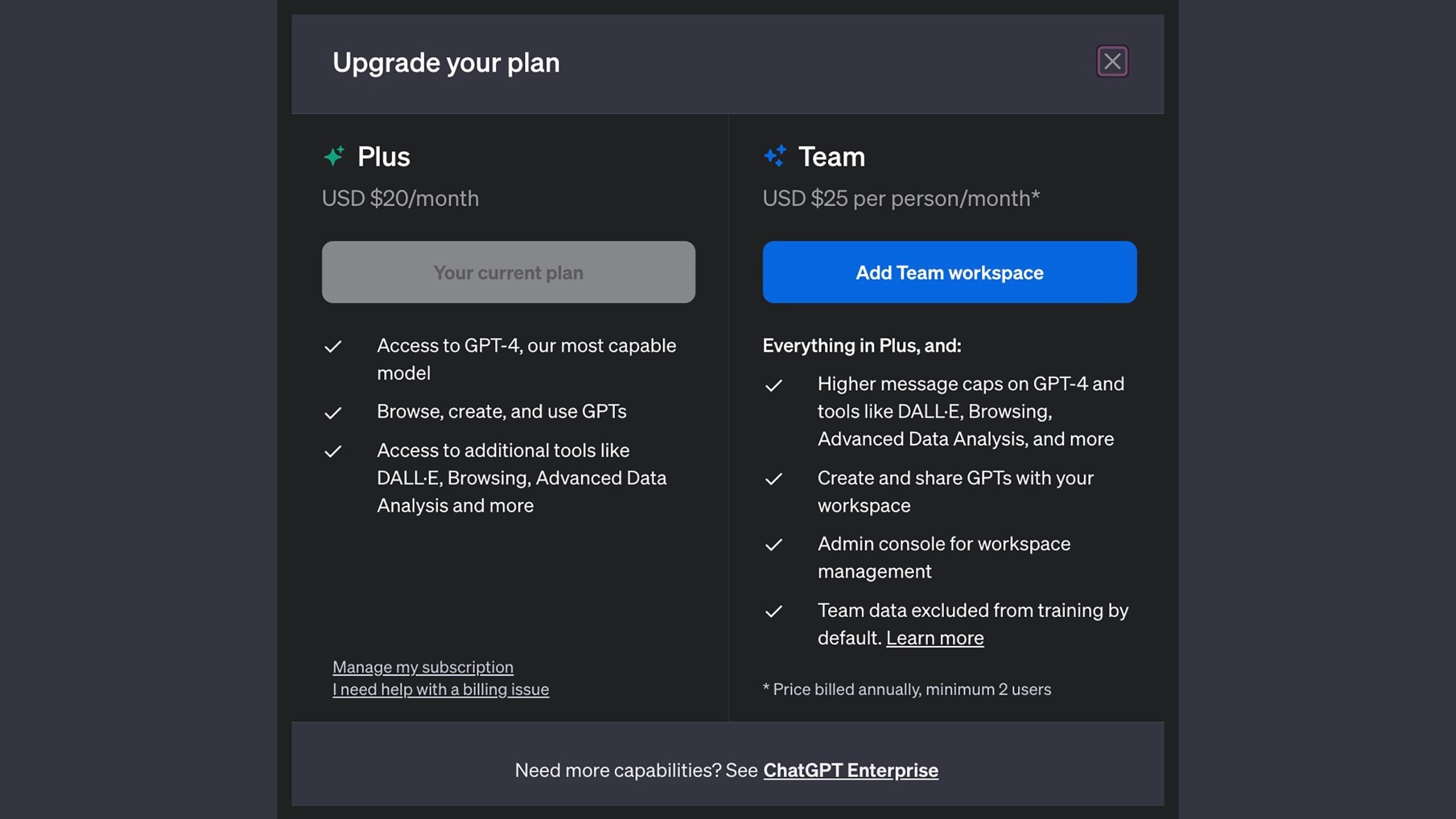ChatGPT Plus OpenAI subscription interface showing premium AI models and features for power users