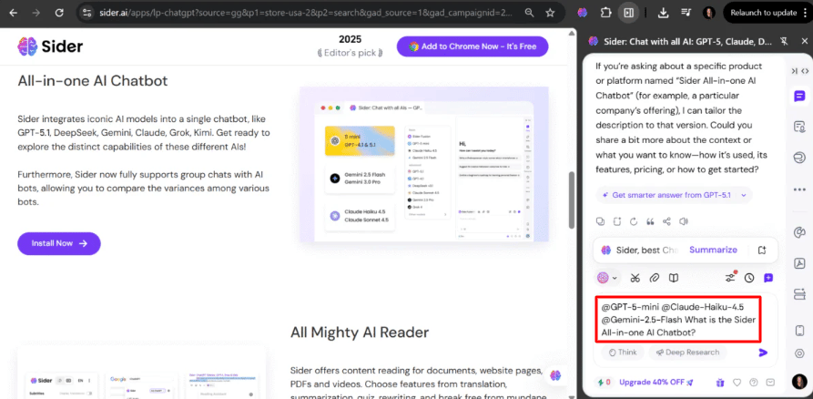 Sider AI assistant showing multiple language models GPT-4 Claude 3 and Gemini side by side