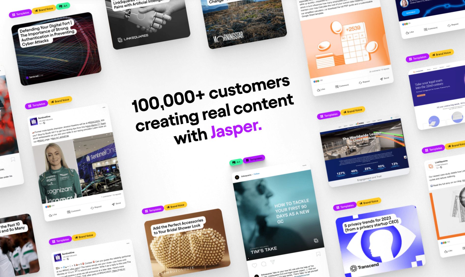 Jasper AI copywriting workspace showing brand voice tools and long-form content generation
