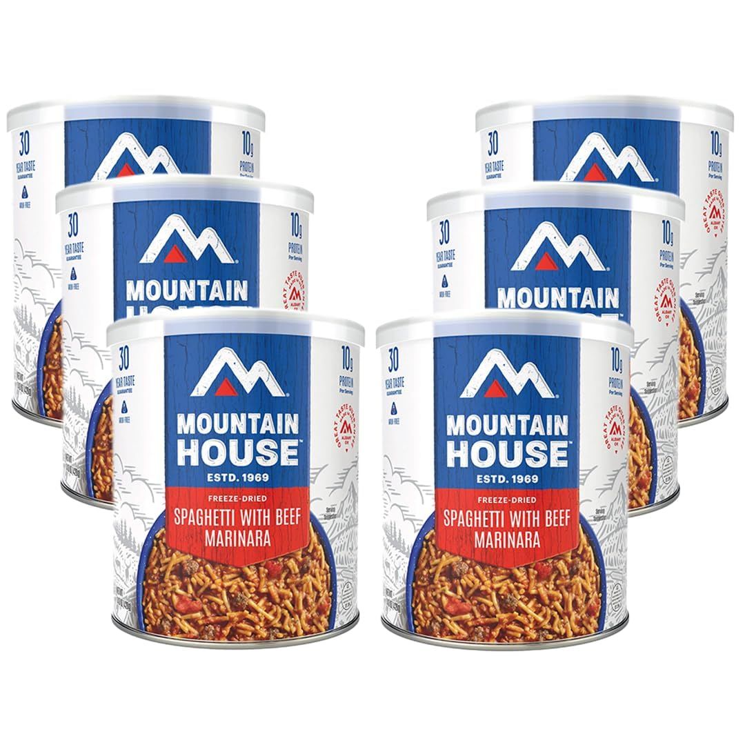 Mountain House number 10 can variety emergency food supply kit with multiple bulk cans stacked