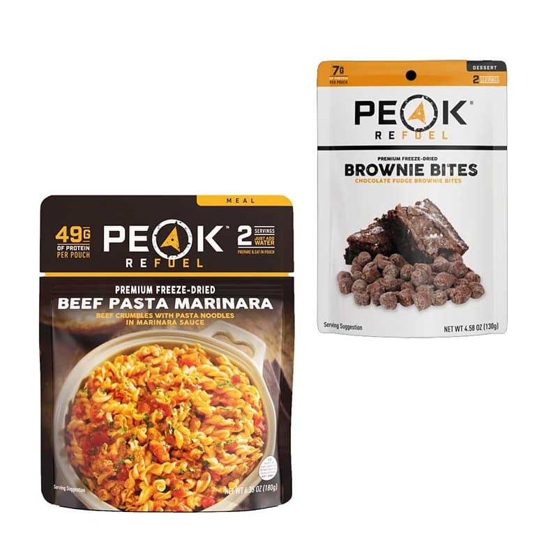 Peak Refuel freeze dried backpacking meal pouches showing high protein premium ingredients