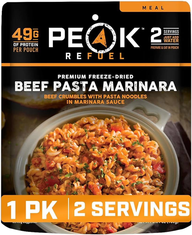 Peak Refuel Beef Pasta Marinara freeze dried backpacking meal pouch with 1040 calories and 49g protein