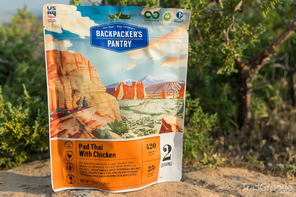 Backpacker's Pantry Pad Thai freeze dried meal pouch prepared with chicken on backcountry trip