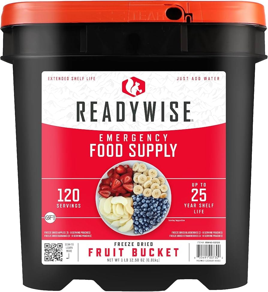 ReadyWise emergency food supply bucket with 120 servings for prepping and long term storage