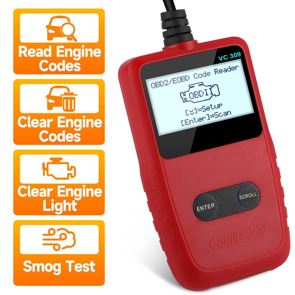 OBD2 code reader scanner diagnosing check engine light illuminated on car dashboard