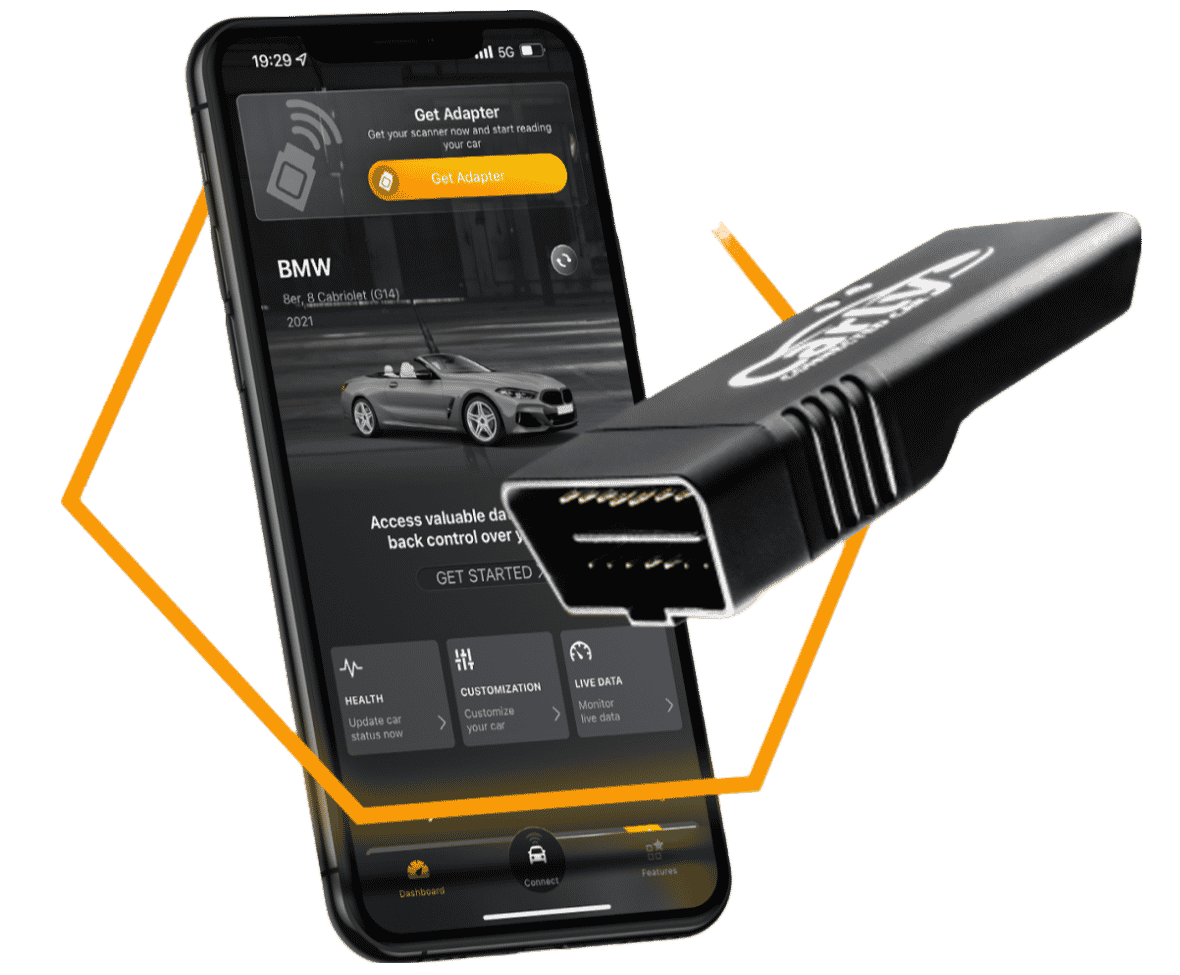 Carly OBD adapter shown alongside its smartphone app interface for BMW diagnostics