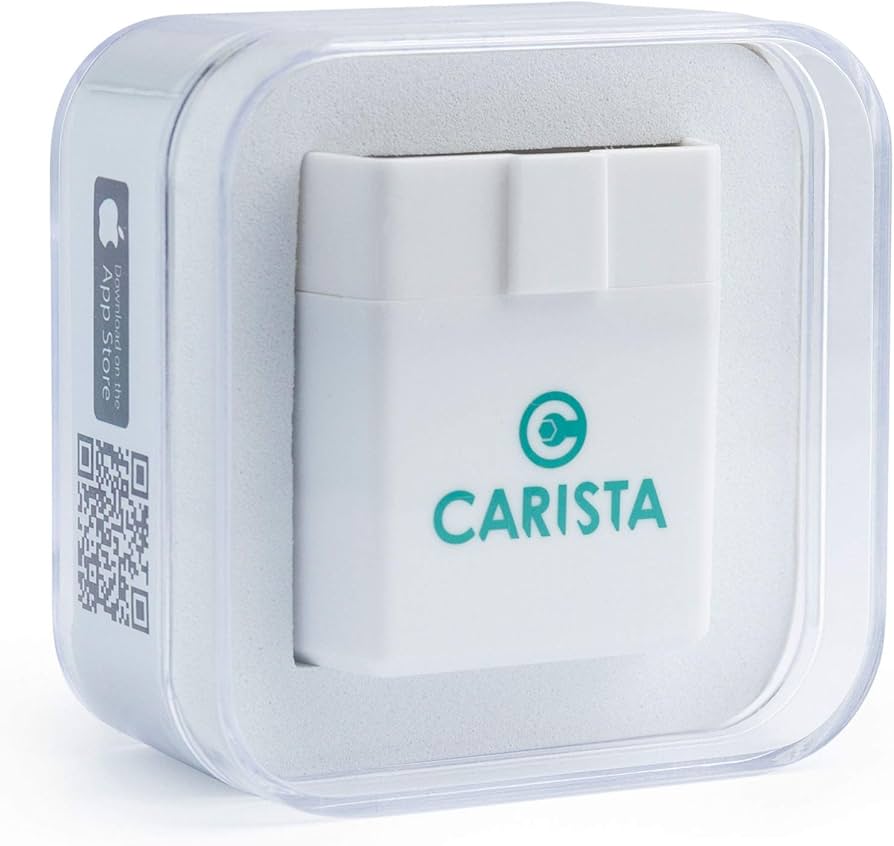 Carista OBD2 Bluetooth adapter and app interface showing diagnostic and customization options