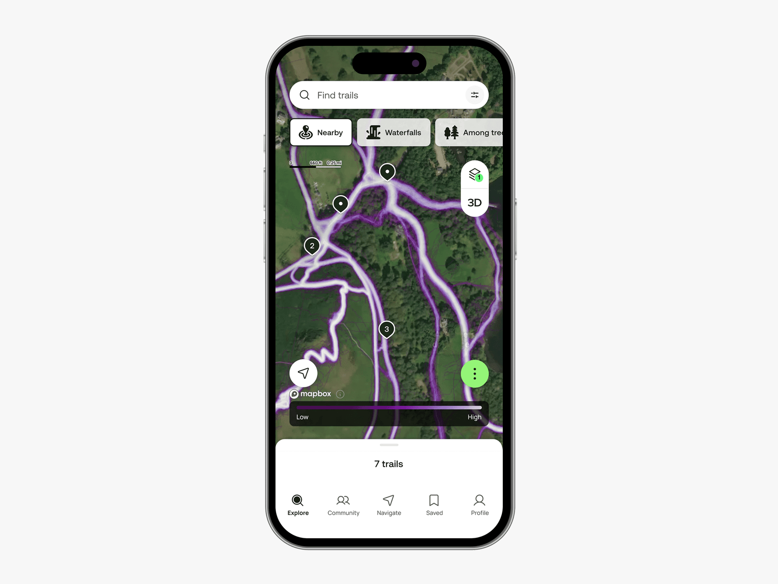 AllTrails hiking navigation app showing global trail discovery and outdoor community features on smartphone