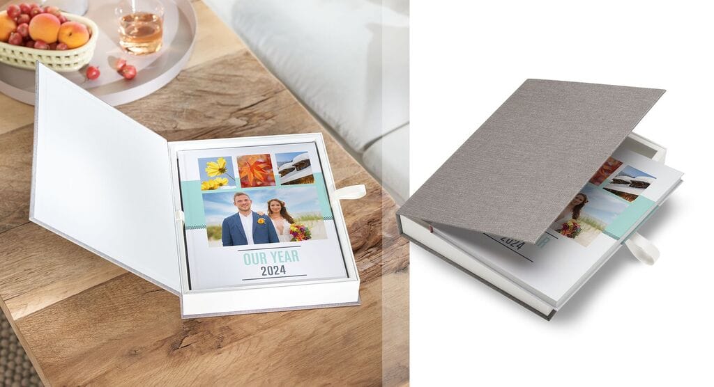 Cewe portrait XXL photo book displayed on desk showing premium binding and professional layout for corporate gifts
