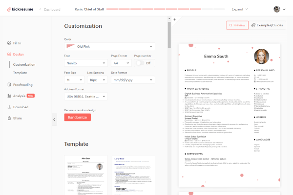 Kickresume online resume and cover letter builder homepage with template previews and pricing badge