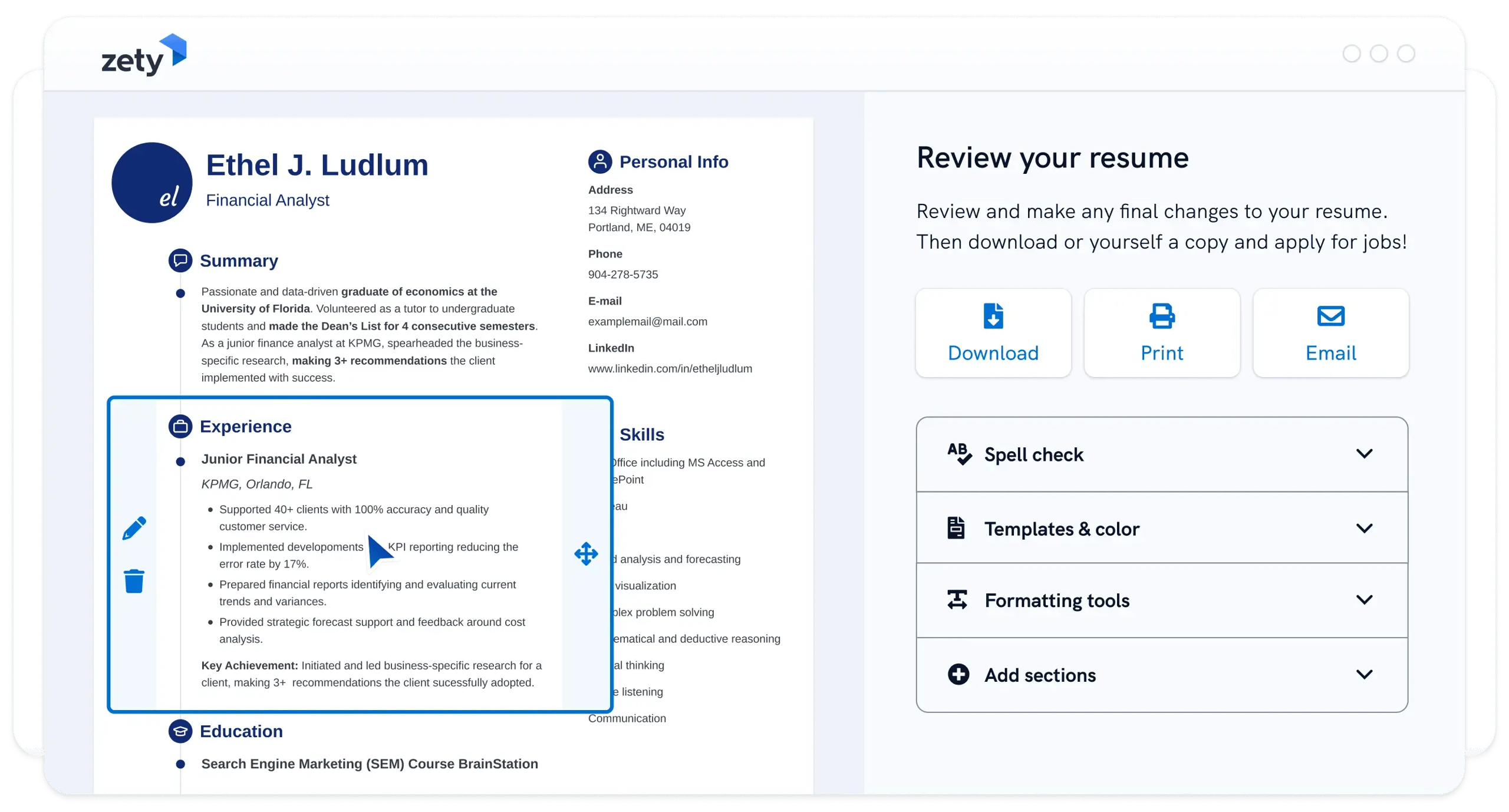 Zety online resume builder homepage showing free templates and guided wizard interface