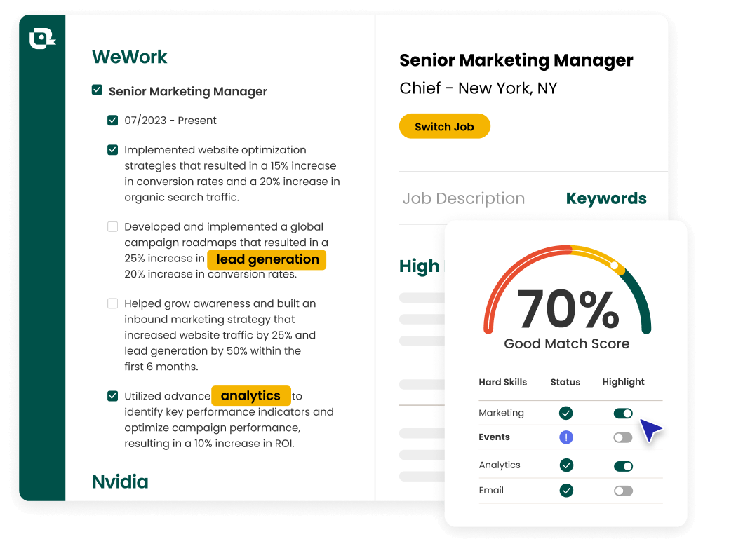 Teal free AI resume builder interface showing job matching and keyword optimization dashboard