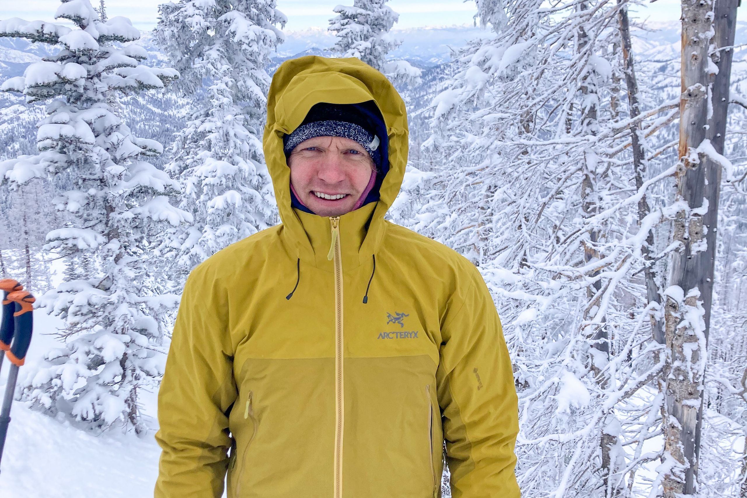 Arc'teryx Beta AR Gore-Tex Pro hardshell jacket worn by climber on snowy alpine ridge