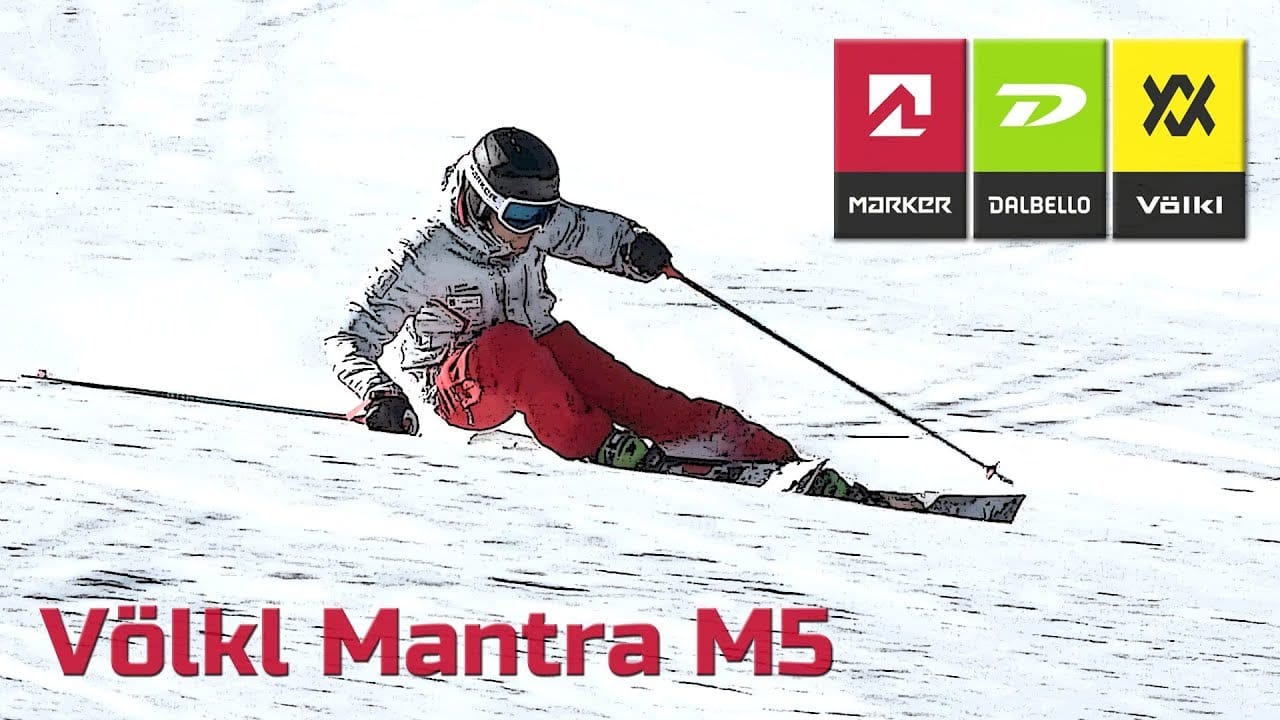 Aggressive skier carving on Völkl Mantra M5 skis at Aspen Highlands demonstrating high-speed edge grip