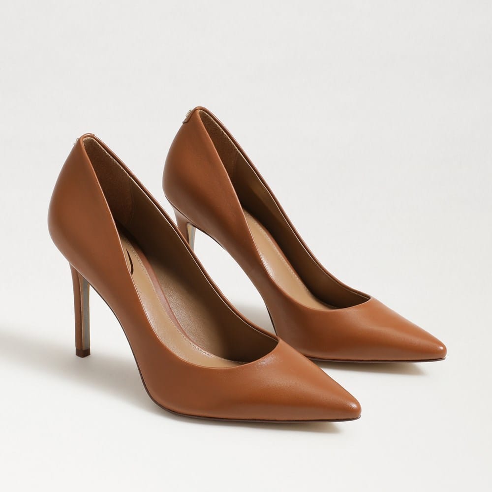 Sam Edelman Hazel pointed toe pump in saddle color displayed on white studio background