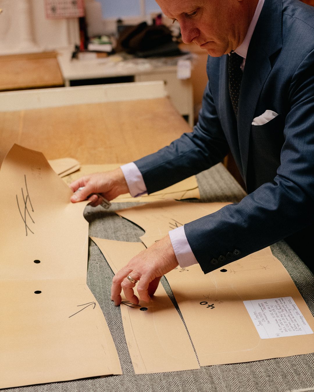 Bespoke tailoring pattern making process at Anderson and Sheppard Savile Row workshop