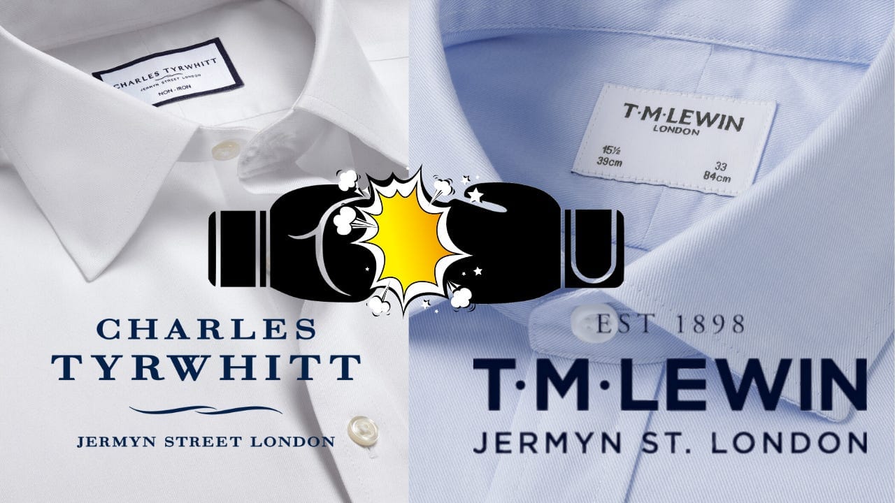 Charles Tyrwhitt vs TM Lewin shirt comparison review with folded formal dress shirts side by side