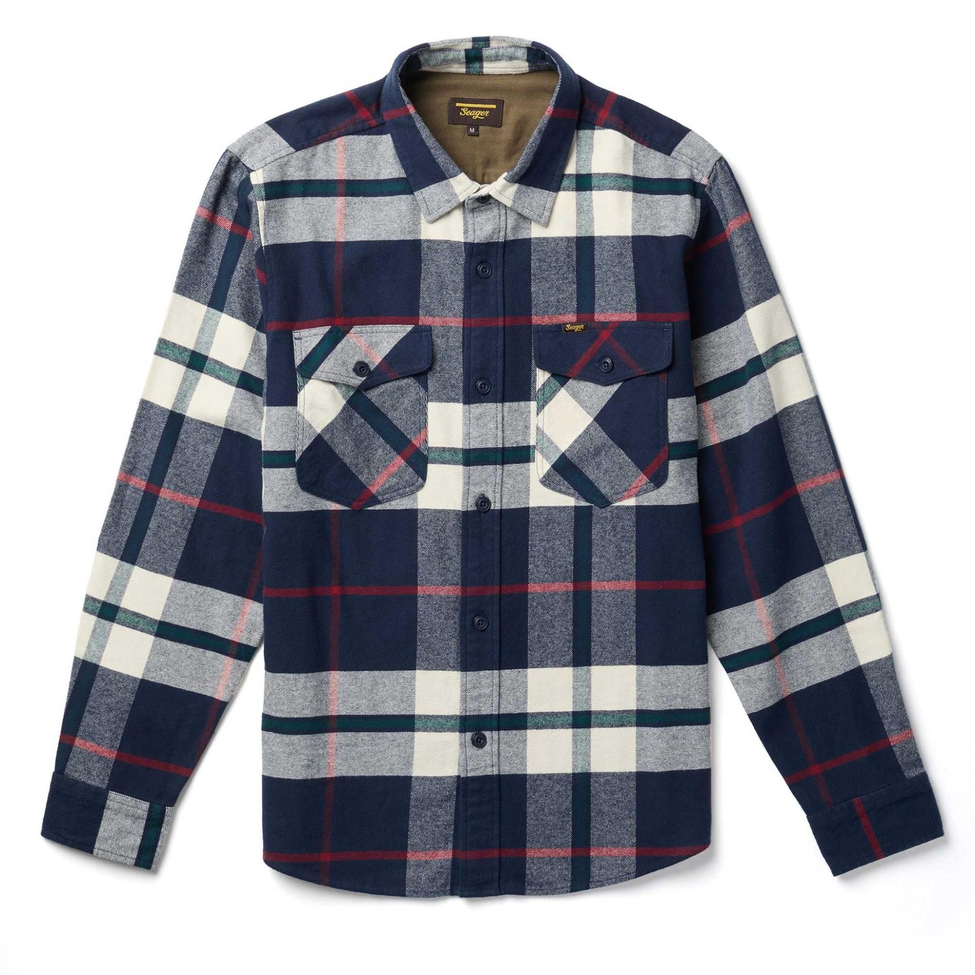 Seager Calico flannel shirt in navy plaid heavyweight fabric — brand strength product category