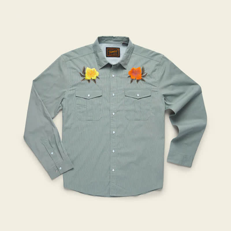 Howler Brothers Gaucho Snapshirt with pearl snap buttons and coastal patterned fabric