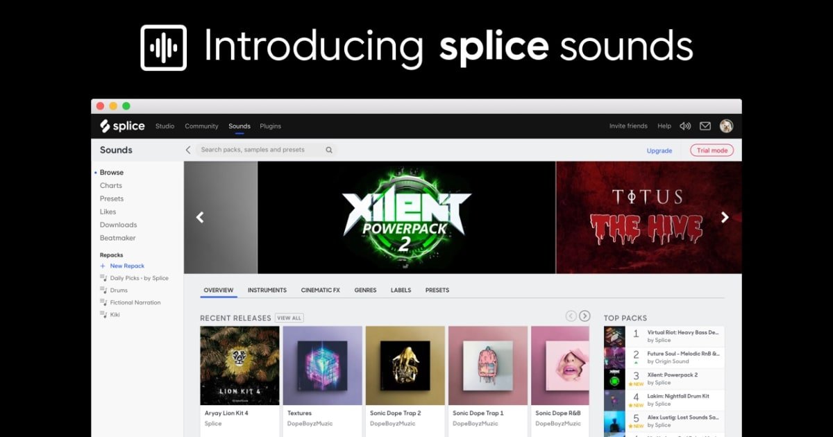 Splice Sounds royalty-free sample packs library grid showing curated collections by top labels
