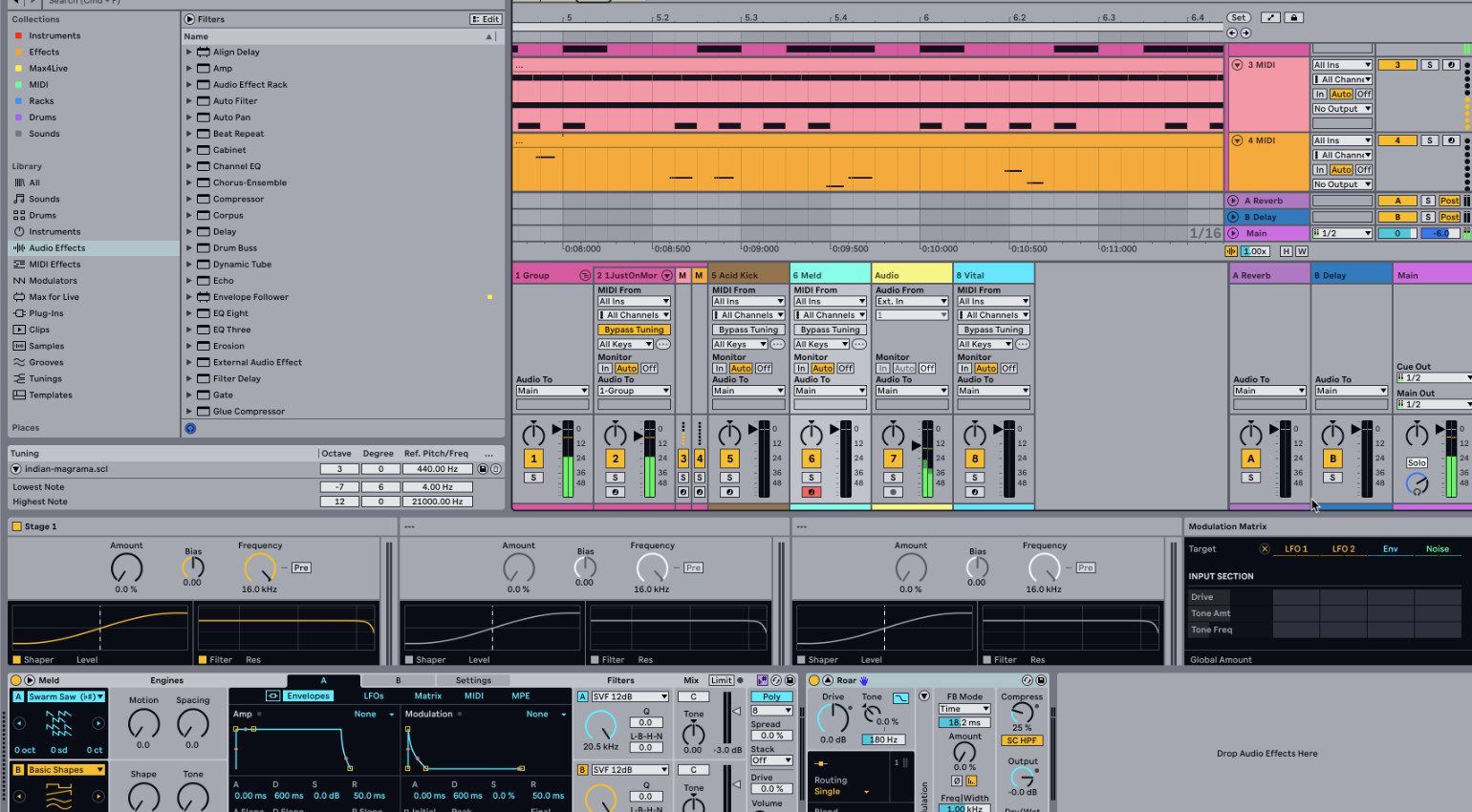 Music producer DAW workflow with Ableton Live showing multi-track arrangement and sample browser integration