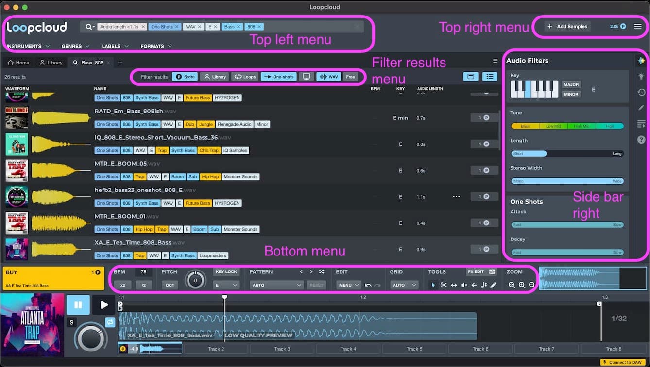 Loopcloud 6 sample manager plugin interface showing in-DAW browser, editor and slice tools for producers