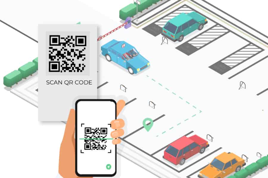 QR code parking lot scanner system used for digital parking pass entry at garage gate