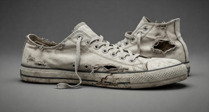 Shoe sole separation and disintegration damage showing common footwear structural failure issue