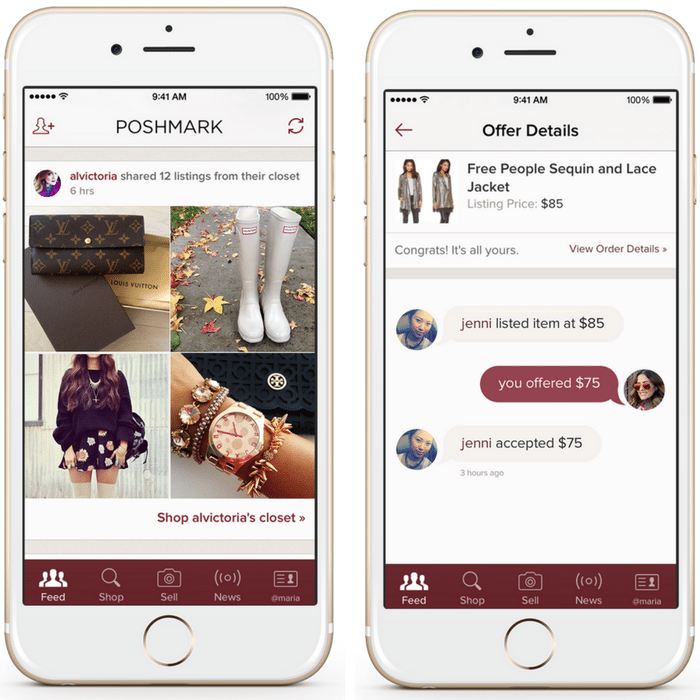 Poshmark reseller mobile app interface displaying fashion listings and closet items for social sellers