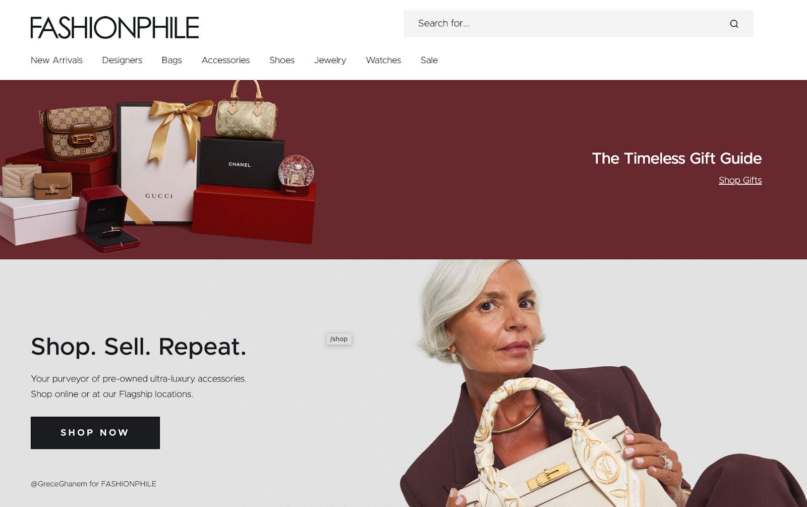 Fashionphile luxury handbag resale storefront showing pre-owned designer bags on display