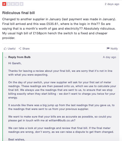 Trustpilot review interface showing customer feedback response process for online retailers
