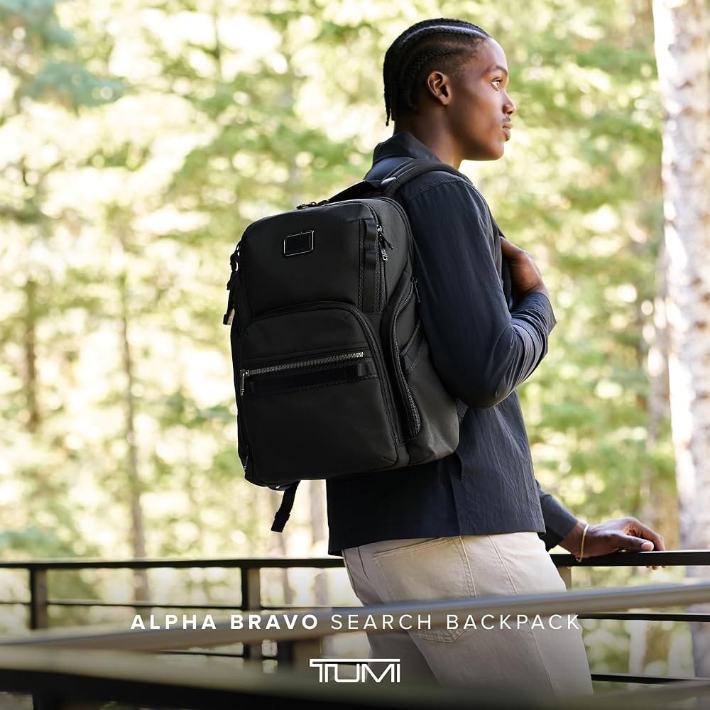 Tumi Alpha Bravo Search Backpack showing multiple organized pockets and laptop compartment