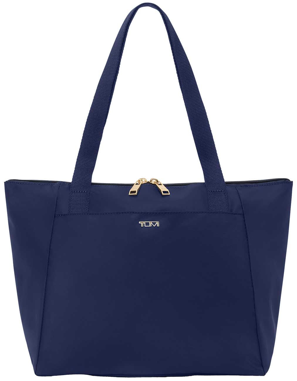 Tumi Voyageur Just In Case small tote bag in indigo with light gold hardware for women travelers