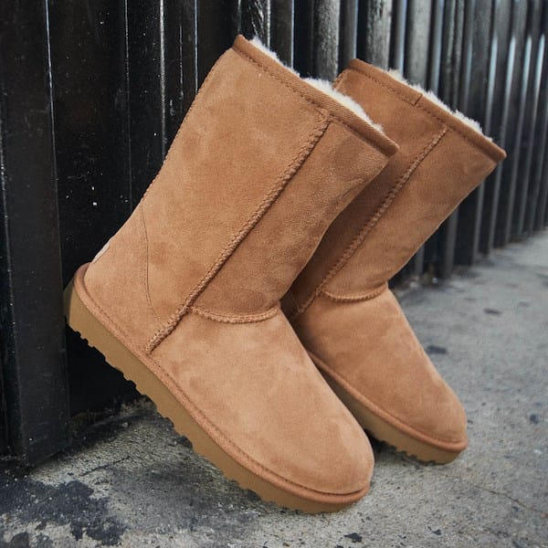 UGG Classic Short II chestnut boots displayed against neutral studio background for retail buyer evaluation