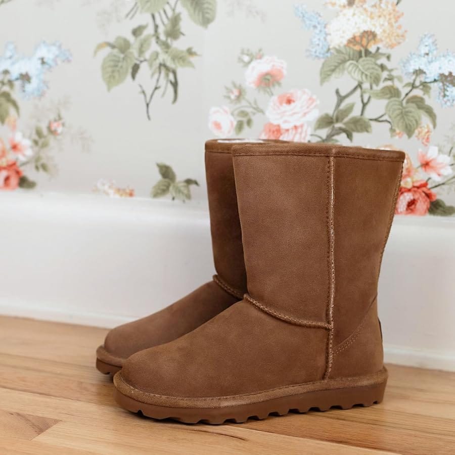 Bearpaw Elle Short suede sheepskin boot in brown hickory color for winter wear
